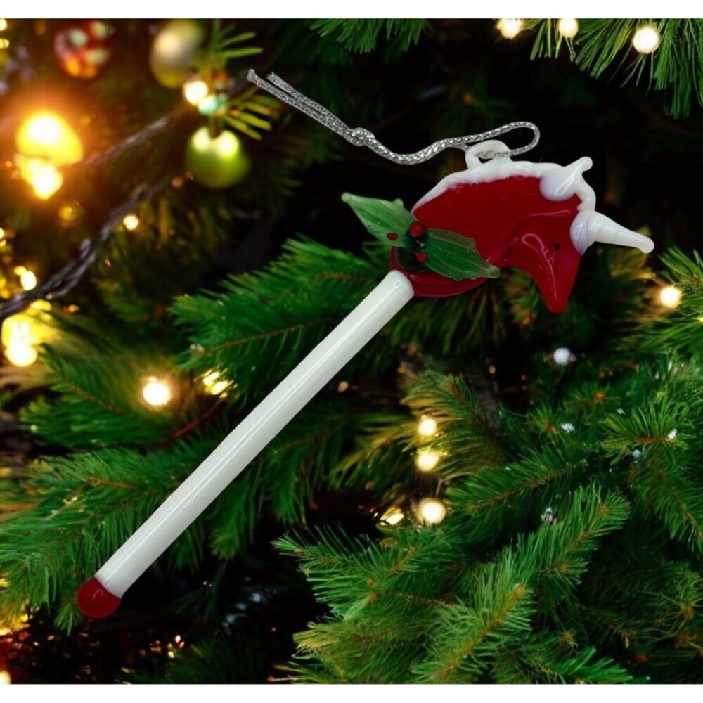 Vintage Glass Unicorn Stick Christmas Tree Ornament Swizzle Style Holly Accent